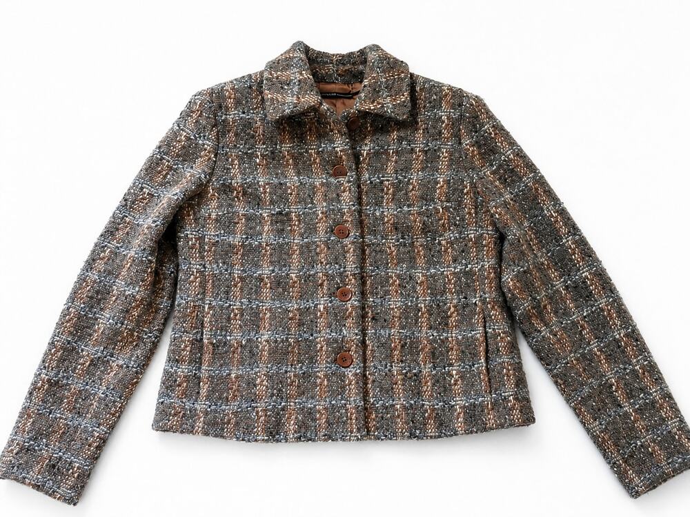 ISDA & Co Wool Tweed Jacket Womens Small Made in Hong Kong‎ Plaid Brown Gray VTG